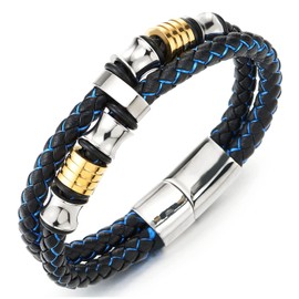 COOLSTEELANDBEYOND Mens Double-Row Black Blue Braided Leather Bracelet Bangle Wristband, Silver Gold Steel Ornaments
