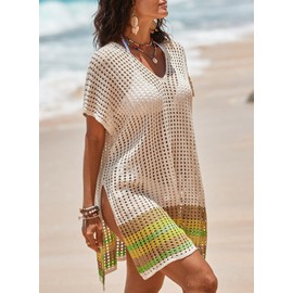 Dokotoo Women Swimwear Beach Bikini Swimsuits Resort Wear Cover Ups Short Sleeve 2025 Crochet Striped Side Split Summer Dress Resort Wear,Apricot Medium