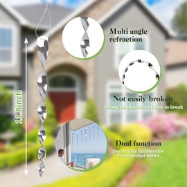 12 Pack Silver Spiral Bird Repellent Reflective Scare Rods, Hanging Plastic Rod Bird Deterrent Device, Glossy Finish Wind Spinner Scare Animals Away Outside Patio Lawn Garden Trees Decorations