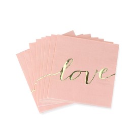 Servilletas de papel rosa con estampado de lunares dorados brillantes, plegadas de 16,5 x 16,5 cm, desplegadas de 33 x 33 cm para cenas, cócteles, novias/baby shower, fiesta de cumpleaños (48 unidades), LOVE