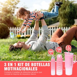 MUÜNSOY 3N1 Vaso Deportivo Español, 1L Botella De Agua Con Mango Popote para Carros, Botella Deportiva Sin BPA, Antifuga 1L Botella Para Bicicleta, 1L+7000ML+300ML 3pzs (VASOS ROSAS)