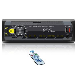 Single Din Car Stereo with Voice Assistant/Bluetooth 5.0/7 Color Button Lights/BT Hands Free Call/FM Radio/USB Fast Charging/TF SD Card Port/AUX-in, 1 Din Radio Player + Remote Control