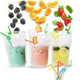 100 Pcs Drink Pouches Bags with 100 Straw Holes, Freezable Juice Bags, Transparent Reclosable Zipper Plastic Drink Pounches for Cold & Hot Drinkings for Adults and Kids