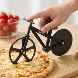 Bicycle Pizza Cutter - Funny Pizza Cutter Wheel with Stand, Food Safe Stainless Steel, Novelty Kitchen Gift for Pizza Lovers, 7.5 Inch, Black