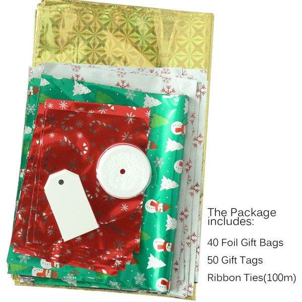 Christmas Gift Bags, 40Pcs Santa Wrapping Gift Bag in 4 Sizes and 4 Designs, with Ribbon Ties and Tags