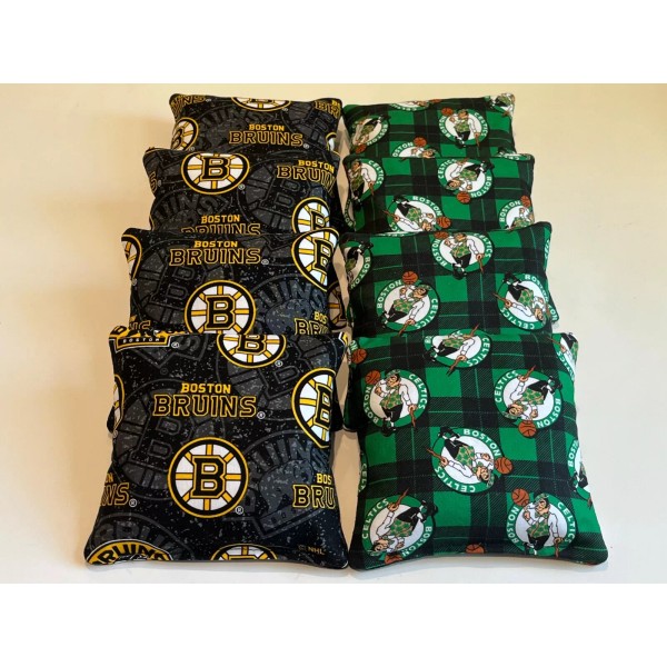 handcrafted BOSTON CELTICS BRUINS CORNHOLE BEAN BAGS SET OF 8
