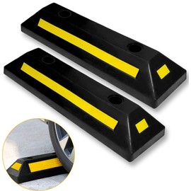 VaygWay Heavy Duty Rubber Parking Curb Guide –Car Block - Driveway Car Garage Wheel Stopper- Professional Grade Parking w/Yellow Reflective Tape Curb– Universal- Black + Yellow 2 Pc.
