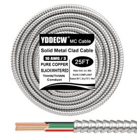 25ft 10/3 Metal Clad (MC) Cable with Ground, 10 Gauge Electric Wire with Aluminum Armor, Solid Bare Copper Conductors for Indoor Outdoor Underground Embedded Installation (10/3, 25 ft)