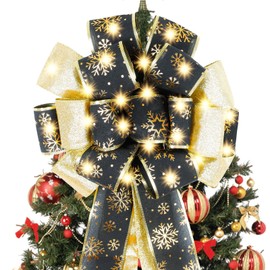 Christmas Tree Topper 12 X 45 Inch Large Christmas Bows with String Lights Glitter Satin Mesh Streamer Black and Gold Wired Ribbon Decorative Bows for Christmas Tree Decorations