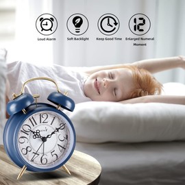 Loud Alarm for Deep Sleepers 4'' Retro Twin Bell Alarm Clock with Backlight for Bedroom and Home Decoration (Retro Blue)