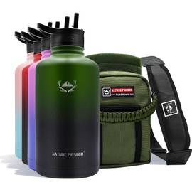 NATURE PIONEOR Insulated Water Bottles with Straw - 64oz Stainless Steel Vacuum Bottle with Holder/Carrier/Sleeve - Reusable 18/8 Food Grade Half Gallon Water Jug