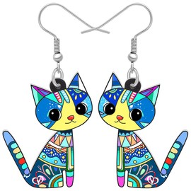 LONYOO Acrylic Cute Kitten Cat Earrings Dangle Jewelry Anime Cat Gifts for Women Girls Cat Lovers (Blue)