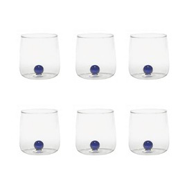 Zafferano Bilia Glass Tumbler - Handmade Transparent Glass 15 ozs, Set of 6 pcs, Colorful Glass Ball (Color: Blue)