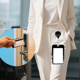 Glitter Silver ID Badge Holder with Retractable Reel Clip, Cool Galaxy Badge Card Keycard Protector Hard Vertical, Heavy Duty Keychain for Name Badge Clip Office Work Nurse Student Teacher Women Men