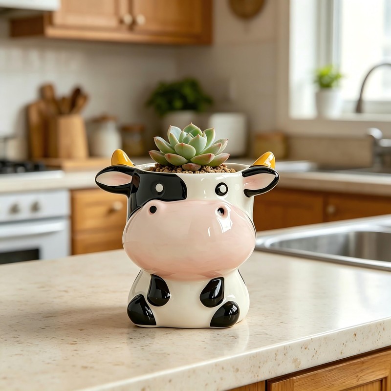 Cute Animal Ceramic Planter Pot, Small Glossy Cartoon Cow Shaped