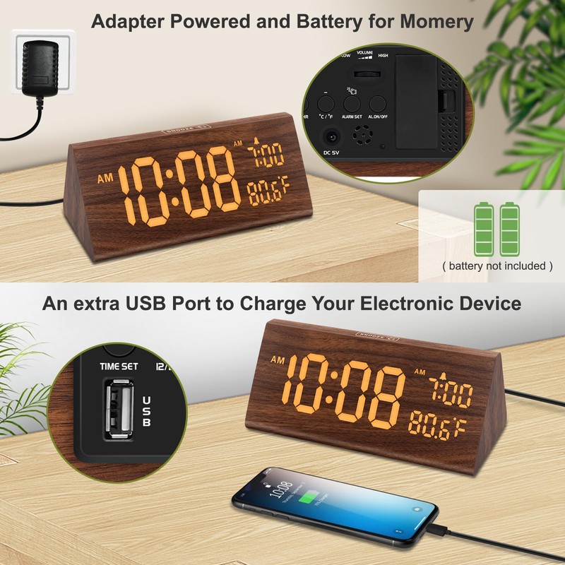 DreamSky Wooden Digital Alarm Clock for Bedroom - 7.7" Electric