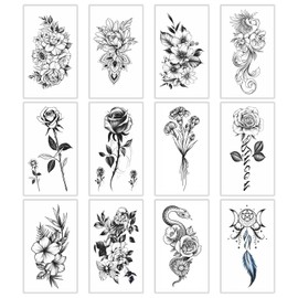Womaha 12 Black and White Flower Temporary Tattoos for Women and Girls Fake Tattoo Stickers