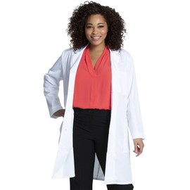 Cherokee Women's Scrub Lab Coat with Button Up Front, 3 Pockets Modern Classic fit and Mechanical Stretch Fabric CK421, XS, W White
