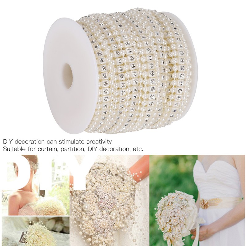 10m Beautiful Faux Pearl Bead String with Artificial Diamonds Decoration