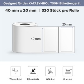 SUPVAN Katasymbol T50M Label Tape Paper, Waterproof Labels for Home, School, Office, 40 mm x 20 mm, 320 Labels/Roll (Transparent)