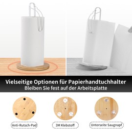 TONLEA White Wooden Paper Towel Holder with Fixation, Paper Towel Holder for Worktop, Freestanding Kitchen Towel Holder with Non-Slip Wooden Base