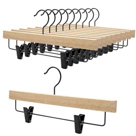 Nature Smile Deluxe Wooden Pants Hangers,Solid Rubber Wood Jeans Skirt Hanger with Black Adjustable Clips and Rotatable Hook Pack of 10(Natural Varnished)