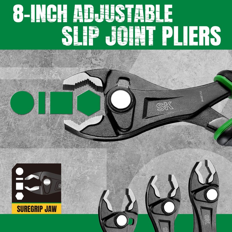 SK 8-Inch Adjustable Slip Joint Pliers, Premium CR-V Construction, SureGrip