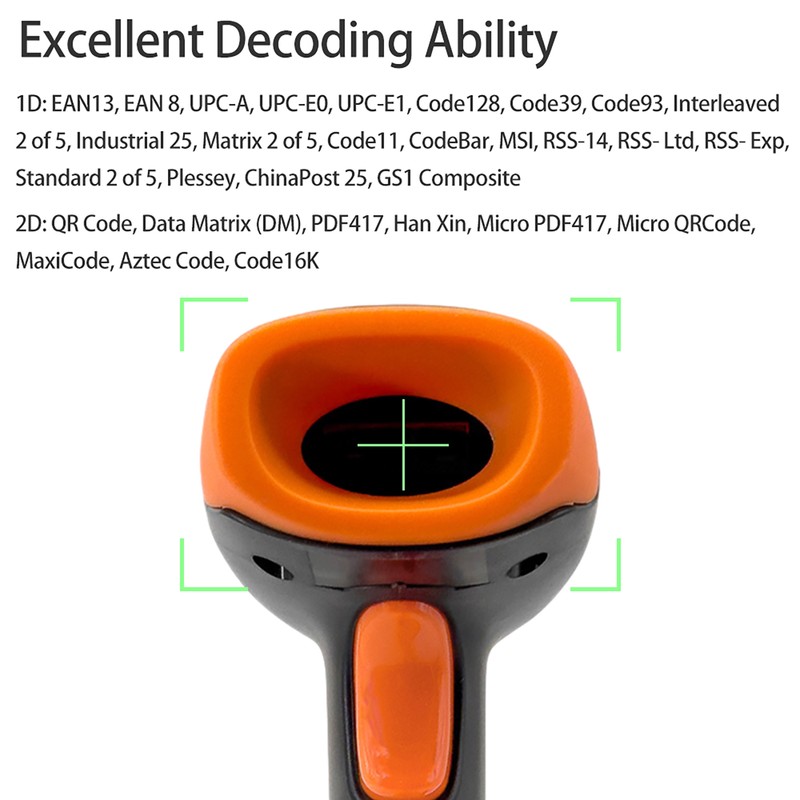 Handheld 1D/2D/QR Barcode Scanner BT+2.4G Wireless USB Wired Bar Code