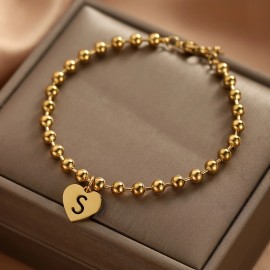 26 Initial Surname Letter Bracelets Stainless Steel Golden Round Beads Heart Shaped Letters Bracelet Suitable for Women's DailyColor: Silver-Q, Length: 6.29 inch