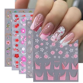 5 Sheets Flower Nail Art Stickers 3D Self Adhesive Daisy for Nails Spring French Pink Daisy Nail Designs Floral Nail Decals Summer for Nail Supplies Sun Flower Nail Sticker for Women DIY Decoration