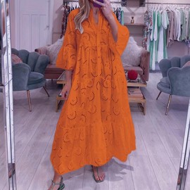 utcoco Womens Lace Embroidered Eyelet Maxi Dresses 3/4 Trumpet Sleeve Button V Neck Flowy Swing Hem Tiered A Line Dress (Small, Orange)