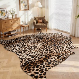 DweIke Faux Leopard Print Rug for Living Room, 4.6 x 5.2 ft Western Animal Cheetah Hide Rugs, Non Slip Cool Leopard Fur Skin Carpet for Bedroom Dining Room Farmhouse Entrance Home Decor, Dark Brown