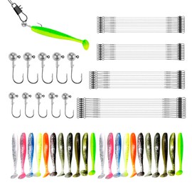 75pcs Fishing Accessories, 40pcs Steel Leader Pike, 4 Sizes Steel Leader with Buckle and Rotary Shaft, 22pcs Rubber Fish, 10pcs Jig Heads, Fishing Accessories for Saltwater and Freshwater Fish