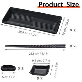 STOUCLA Sushi Plate with Dipping Bowls, Japanese Sushi Plate, Tableware Set with 2 Pairs Chopsticks + 2 Chopstick Rests + 2 Plates + 2 Dip Plates, Black