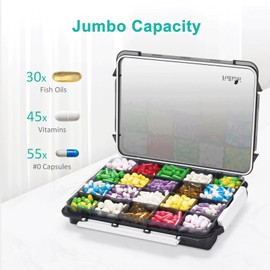 Fullicon Extra Large Pill Organizer with Moisture Proof Design, Travel Jumbo Pill Box with 20 Compartment, Supplement Organizer for Vitamins with 3 Secured Buckles (Black)