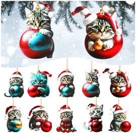 Pack of 10 Christmas Tree Cat Pendants, Christmas Tree Novelty Festive Hanging Cartoon Cat Decoration, 2D Acrylic Christmas Cat Hanging Decoration, Cute Cat Pendant Decoration, Christmas Pendant