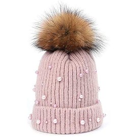 Womens Girls Winter Knitted Beanie Hat Faux Fur Ball Pom Pom Pearls Beaded Trim Hat Warm Cap