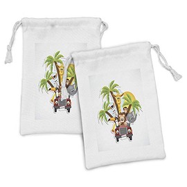 Ambesonne Cartoon Fabric Pouch Set of 2, Zebra Toucan Lion and Forest Animals Driving Savannah Theme Illustration Print, Small Drawstring Bag for Toiletries Masks and Favors, 9" x 6", Multicolor