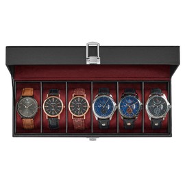 SONGMICS Watch Box, 6-Slot Watch Case Organizer with Large Glass Lid, Removable Pillows, Christmas Gift, Black Synthetic Leather, Wine Red Lining UJWB006R01