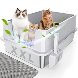 ReliGow XXL Stainless Steel Cat Litter Box High Sides with Lid, 28"x20" Extra Large Cat Litter Box for Big Cats & Multiple Cats, No Odor Metal Cat Litter Box XXL, Anti-Leakage, Non-Sticky, Clean Easily