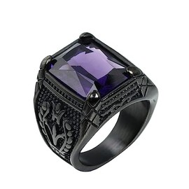 PMTIER Men's Classic Retro Stainless Steel Carved Flower Pattern Cubic Zirconia Square Cut Purple Gemstone Ring Wedding Band Black Plated Size 8