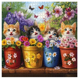 PICKFORU Cat Puzzles for Adults 1000 Pieces, Colorful Animals Jigsaw Puzzles Kitten Butterfly, Difficult Flower Plant Puzzle as Home Decor