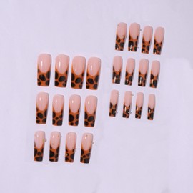 MERVF Long Square Press on Nails Leopard French Tip Orange Brown Fake Nails Cheetah Print Design Glue ons Gold Bead Acrylic Fall False Nail Glossy 24pcs