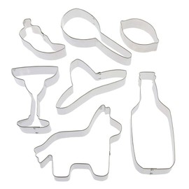 Fiesta Cookie Cutter 7 Pc Set - Margarita Glass, Pinata, Lemon, Sombrero, Maraca, Chili Pepper and Beer Bottle Cookie Cutters Hand Made in the USA from Tin Plated Steel