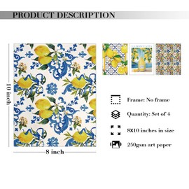 JXREQ Lemon Mediterranean Italian Wall Art Decor for Home Kitchen Dining Room Living Room Bathroom, Amalfi Coast Decor, Lemon Party Decorations, 8x10 Unframed 4Pcs