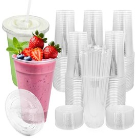 [100 SETS] 32 oz Cups with lids, Plastic cups with lids and straws, iced coffee cup, suitable for takeout iced coffee cold drinks, smoothies, juices, parfaits, Frappuccinos, and milkshakes