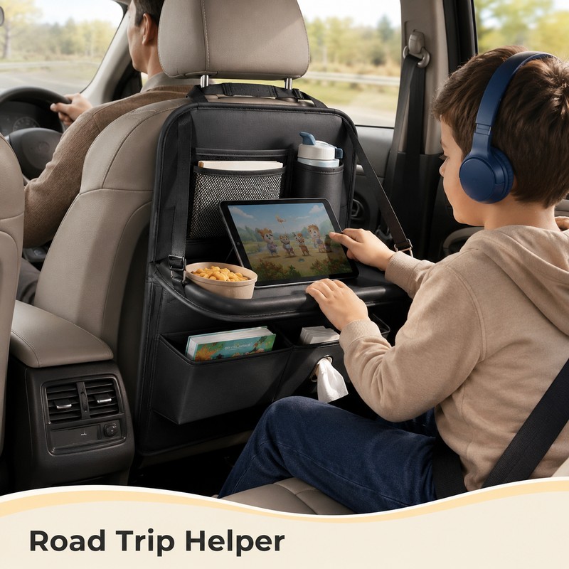 Foldable Leather Car Seat Back Organizer With Table for Rear-Seat
