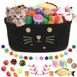 Zopeal 58 Pcs Cat Storage Basket Gift Toys Set, Colorful Flashing Balls Pet Bell Crinkle Balls Spring Toys Attract Cat to Swat, Bite, Hunt, Interactive for Pet(Black,9.8 Inch)