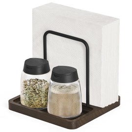 Mkono Napkin Holder for Table Farmhouse Black Wooden Napkin Dispenser with Salt and Pepper Shakers Caddy Rustic Paper Napkin Storage for Kitchen Dining Room Coffee Bar