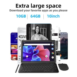 Android 15 Tablet 10 inch, 2 in1 Tablets with Keyboard Case Mouse Stylus, 10GB RAM 64GB ROM 1TB Expand, Quad-Core Processor Tablet PC, 5G WiFi6, BT5.0, 6000mAh, 1280*800 IPS Screen, Widevine L1, Black